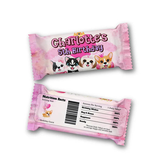 Puppy & Dog Rice Krispies treats and candy bar labels shown together in a vibrant party snack display
