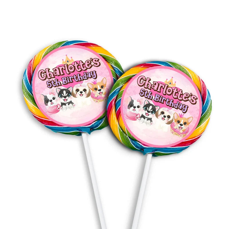Puppy & Dog lollipop label mockup featuring a colorful round sticker design attached to a clear wrapper