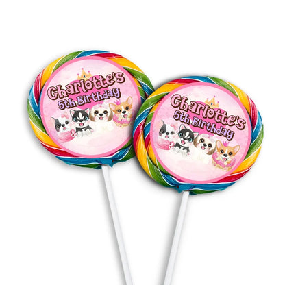Puppy & Dog lollipop label mockup featuring a colorful round sticker design attached to a clear wrapper