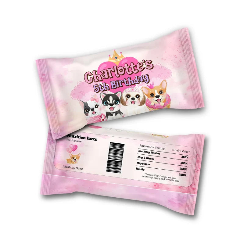 Puppy & Dog M&M Chocolate label wrap showing a vibrant candy packaging layout displayed on a neat ttop