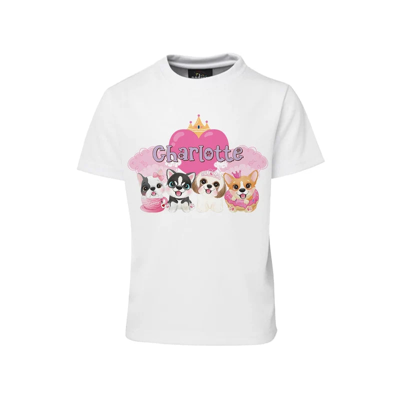 Puppy & Dog sublimation T-shirt mockup showing a colorful graphic layouted on a white cotton shirt