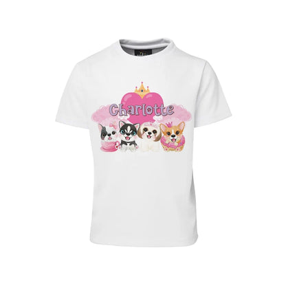 Puppy & Dog sublimation T-shirt mockup showing a colorful graphic layouted on a white cotton shirt