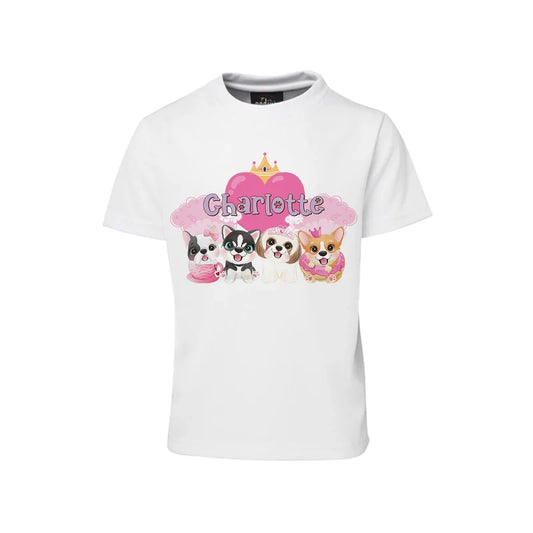 Puppy & Dog sublimation T-shirt mockup showing a colorful graphic layouted on a white cotton shirt