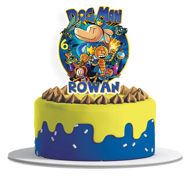 Dog Man personalized cake toppers featuring cartoon action themes on a modern dessert t display