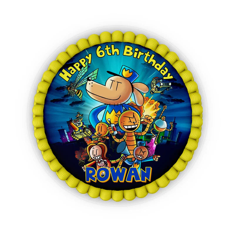 Dog Man edible icing cake images with colorful graphic character designs placed on a frosted round cake