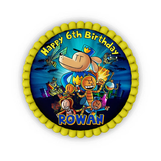 Dog Man edible icing cake images with colorful graphic character designs placed on a frosted round cake
