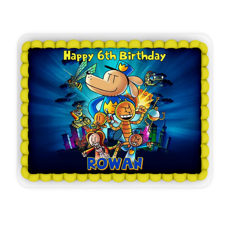 Dog Man custom sheet cake images showing a vibrant birthday design layout on a large rectangle cake