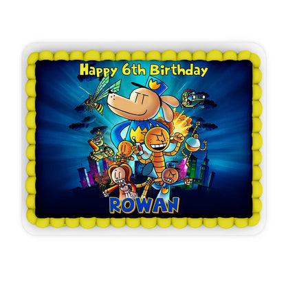 Dog Man custom sheet cake images showing a vibrant birthday design layout on a large rectangle cake