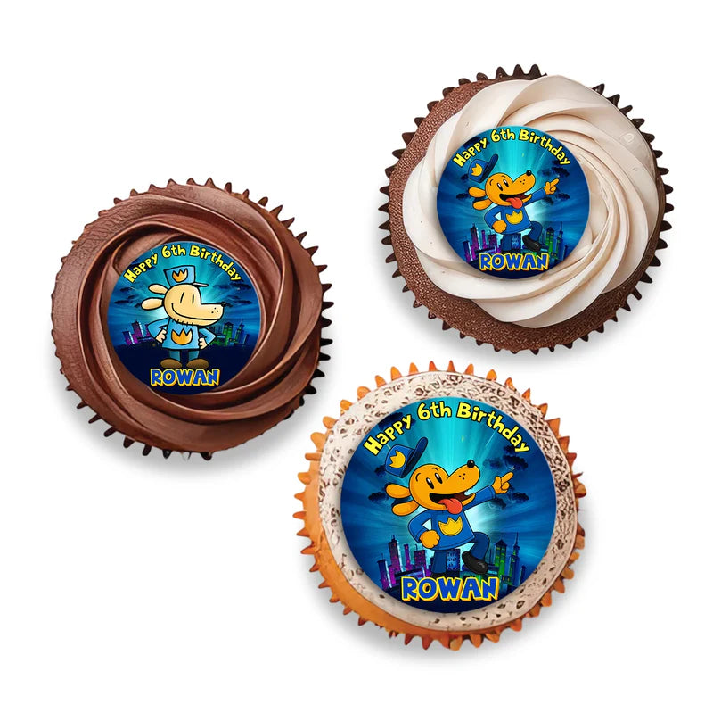 Dog Man personalized cupcake toppers arranged neatly on frosted treats against a neutral backdrop