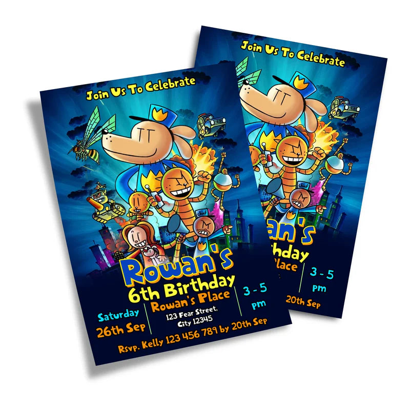 Dog Man birthday card invitations displaying a bright comic template layout on a minimal background