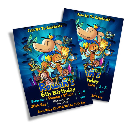 Dog Man birthday card invitations displaying a bright comic template layout on a minimal background