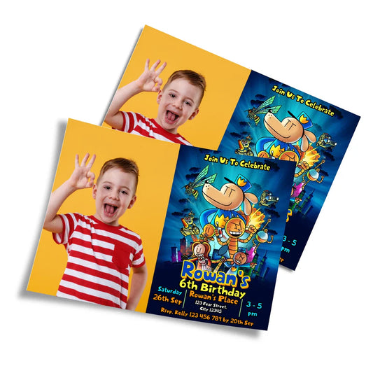 Dog Man photo card invitations featuring a custom picture frame layout on a clean studio background