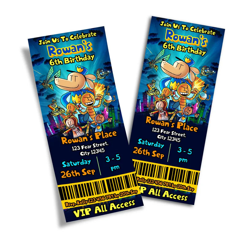 Dog Man birthday ticket invitations showing a vibrant event pass style layout with bold typography