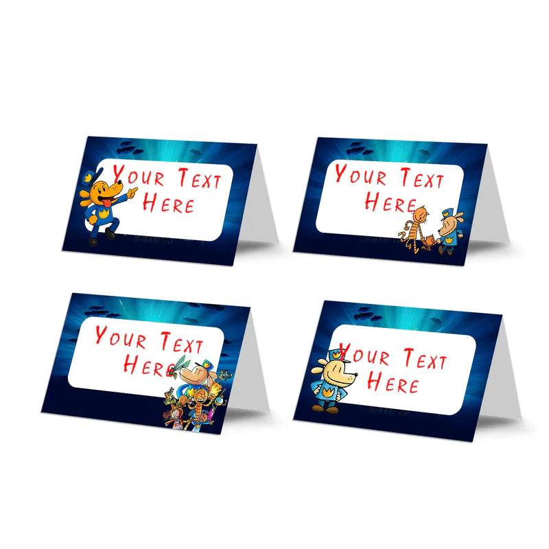 Dog Man food cards showing a collection of vibrant buffet labels arranged on a decorated treat t