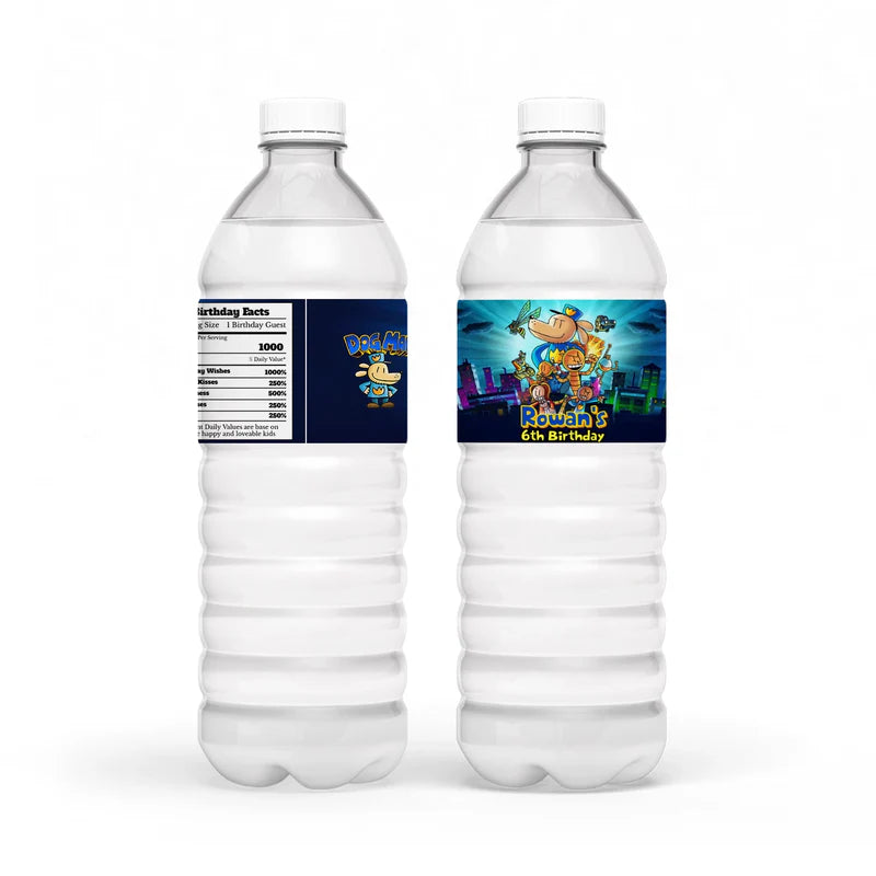 Dog Man water bottle label wrap showing a colorful party theme layout on a clear plastic bottle
