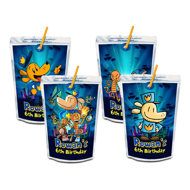 Dog Man juice pouch label mockup featuring a vibrant birthday design attached to a silver pouch