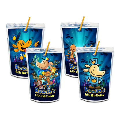 Dog Man juice pouch label mockup featuring a vibrant birthday design attached to a silver pouch