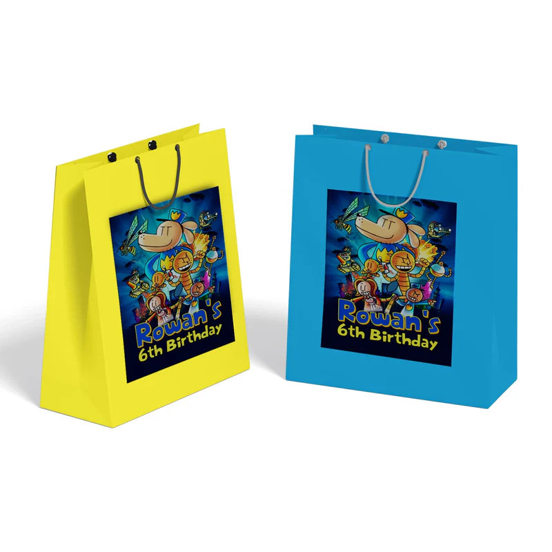 Dog Man goodie bag label featuring a vibrant party theme design applied to a classic paper gift bag