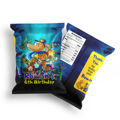 Dog Man chips bag label mockup displaying a vibrant custom snack bag layout on a clean background