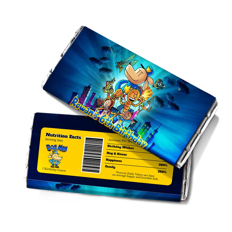 Dog Man chocolate label wrap featuring a colorful candy bar packaging layout against a white surface