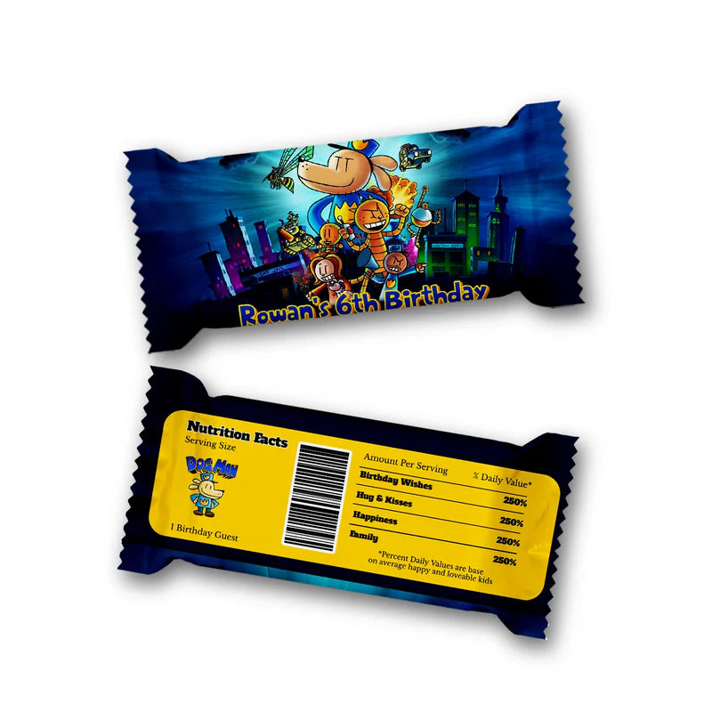 Dog Man Rice Krispies treats and candy bar labels shown together in a vibrant party snack display