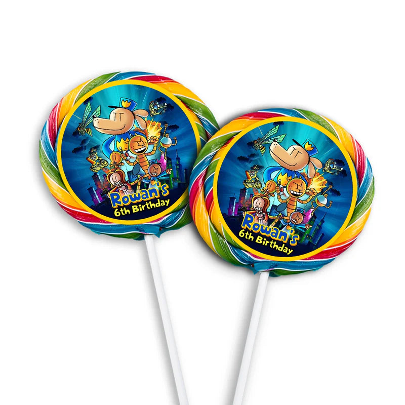 Dog Man lollipop label mockup featuring a colorful round sticker design attached to a clear wrapper
