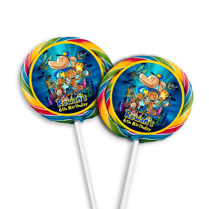 Dog Man lollipop label mockup featuring a colorful round sticker design attached to a clear wrapper