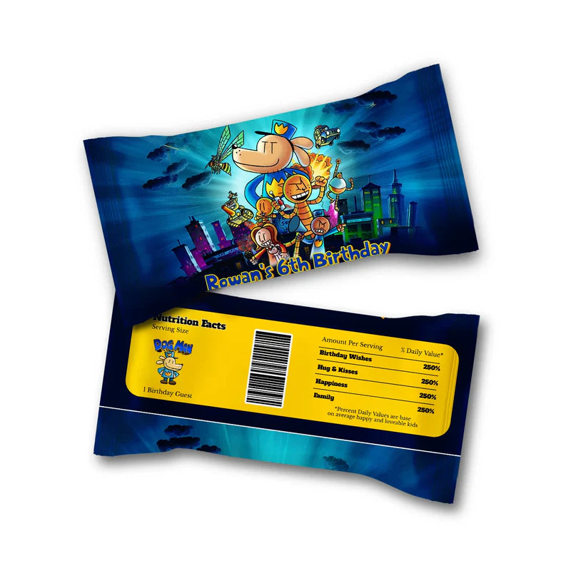 Dog Man M&M Chocolate label wrap showing a vibrant candy packaging layout displayed on a neat ttop