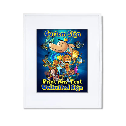 Dog Man custom sign template featuring a colorful party layout inside a modern white picture frame