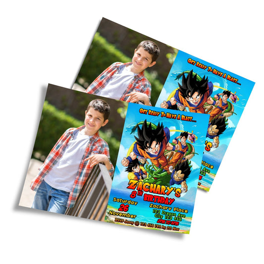 Dragon Ball themed personalized photo card invitations