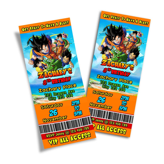 Dragon Ball themed personalized birthday ticket invitations