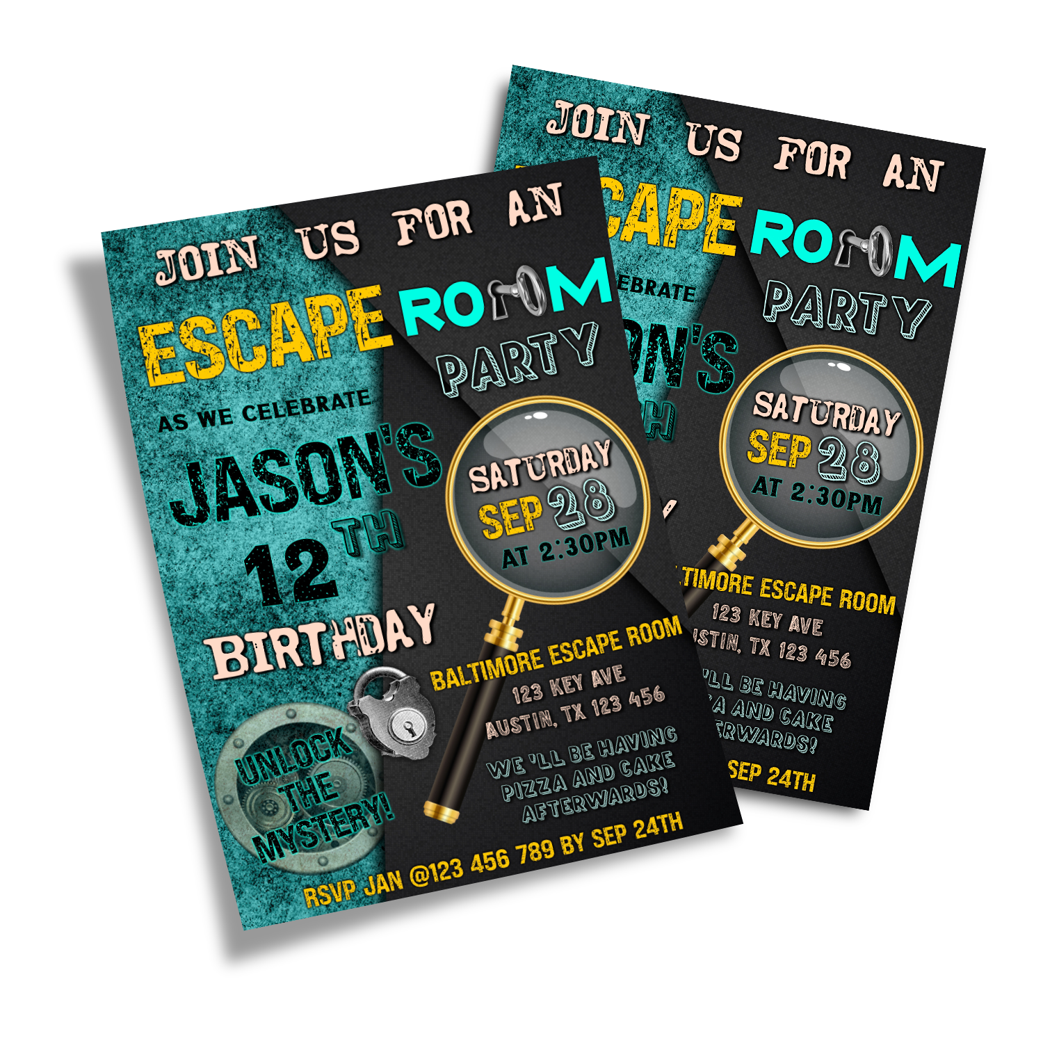 Personalized birthday card invitations with an Escape Room theme