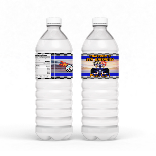 Water bottle label with a Formula One theme