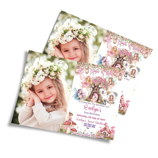 Magical Fairy Personalized Photo Card Invitations with custom images and fairy theme