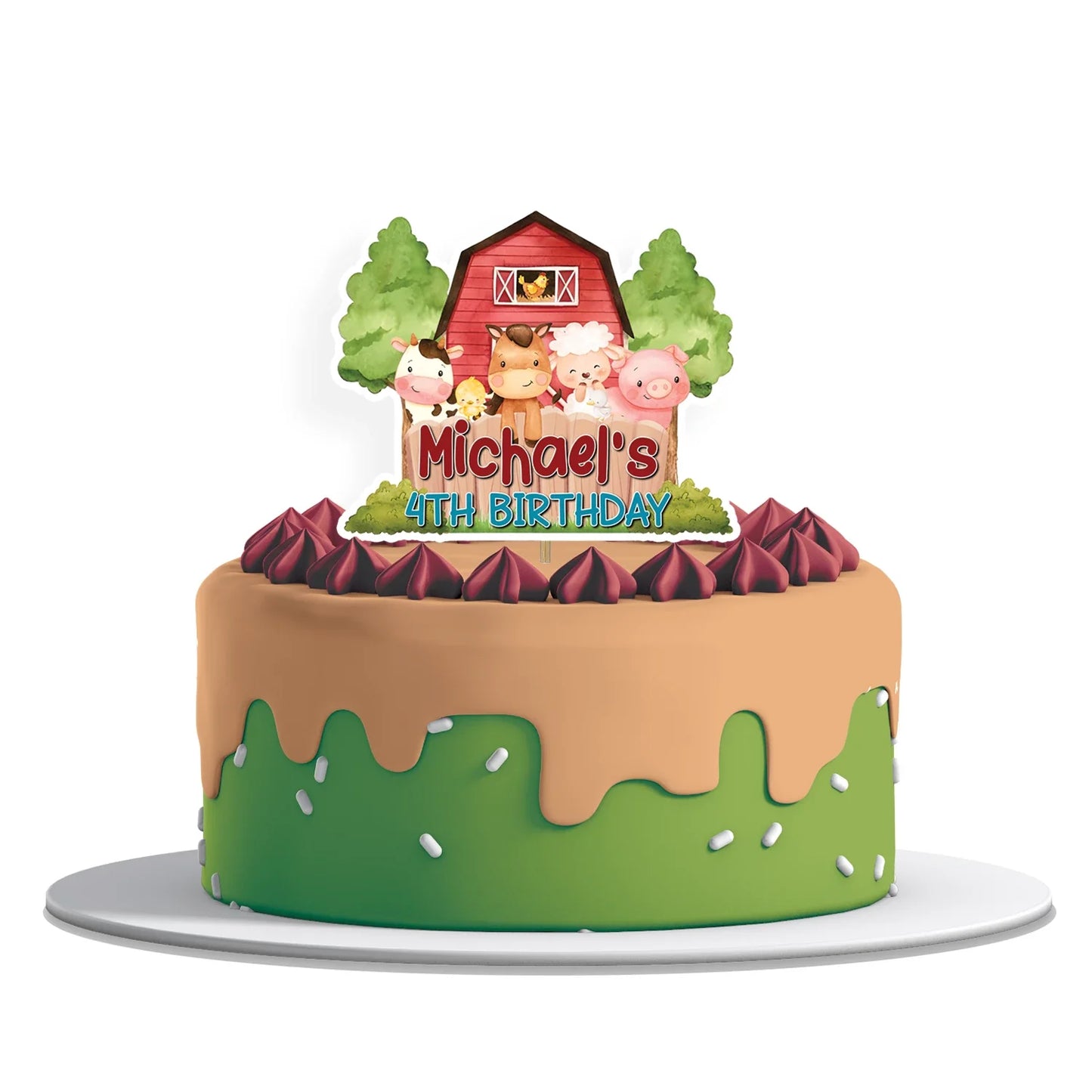 Farm animals theme personalized cake toppers featuring barnyard animals, layered cardstock look, neutral farm colors, arranged on white background