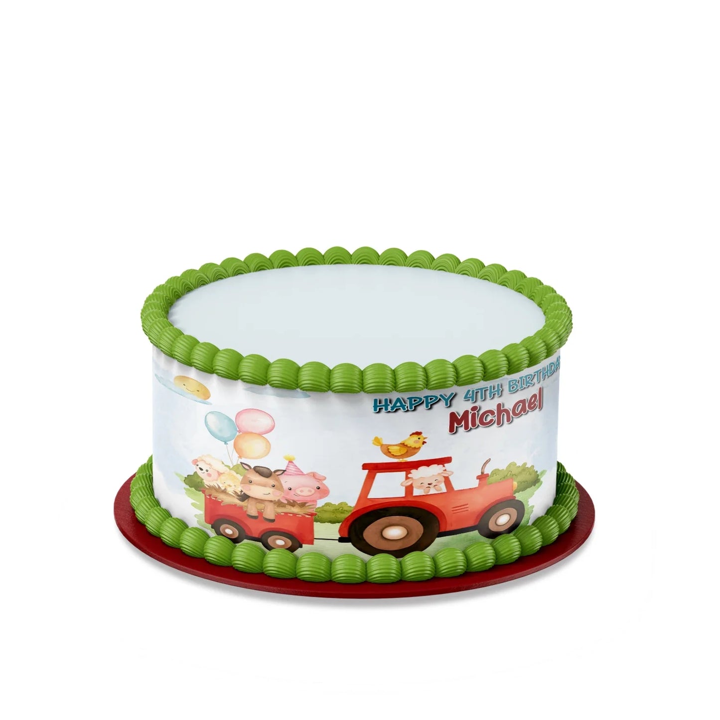 Farm animals theme personalized cake strips with cow pig sheep illustrations, pastel rustic palette, printable design shown on white background