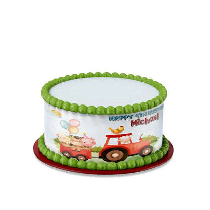 Farm animals theme personalized cake strips with cow pig sheep illustrations, pastel rustic palette, printable design shown on white background