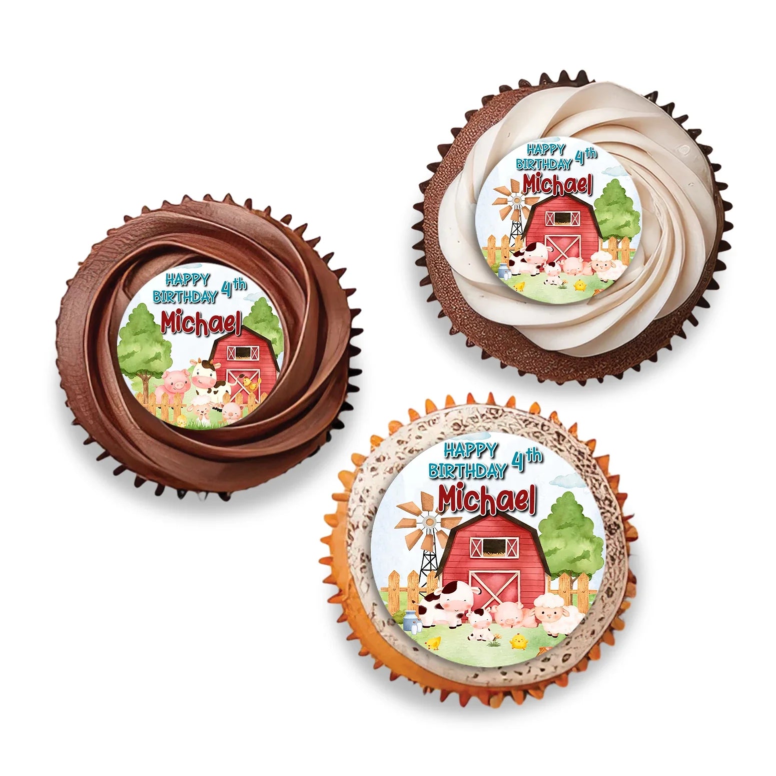 Farm animals theme personalized cupcake toppers with farm animal designs, round shapes, pastel country colors, flat lay on white background