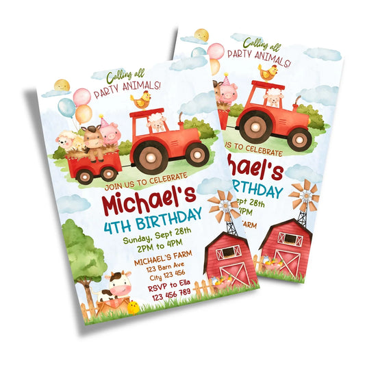 Farm animals theme personalized birthday card invitations with barnyard illustrations, rustic fonts, folded card mockup on white background