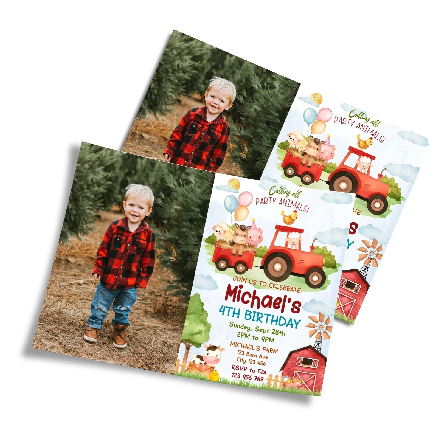 Farm animals theme personalized photo card invitations with farm animals and custom photo space, neutral tones, flat lay on white background