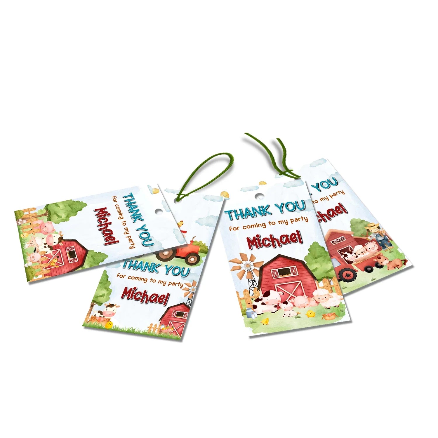 Farm animals theme thank you tags with cute barnyard animals, scalloped tag shapes, soft farm colors, arranged on white background
