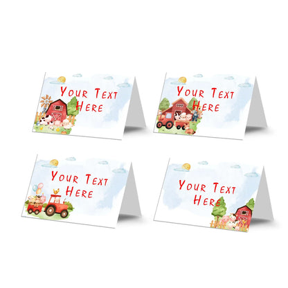 Farm animals theme food cards with illustrated barnyard animals, tent card layout, neutral rustic colors on white background