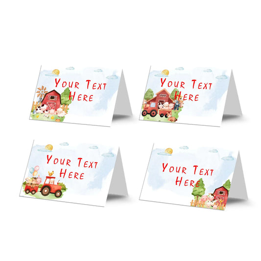 Farm animals theme food cards with illustrated barnyard animals, tent card layout, neutral rustic colors on white background