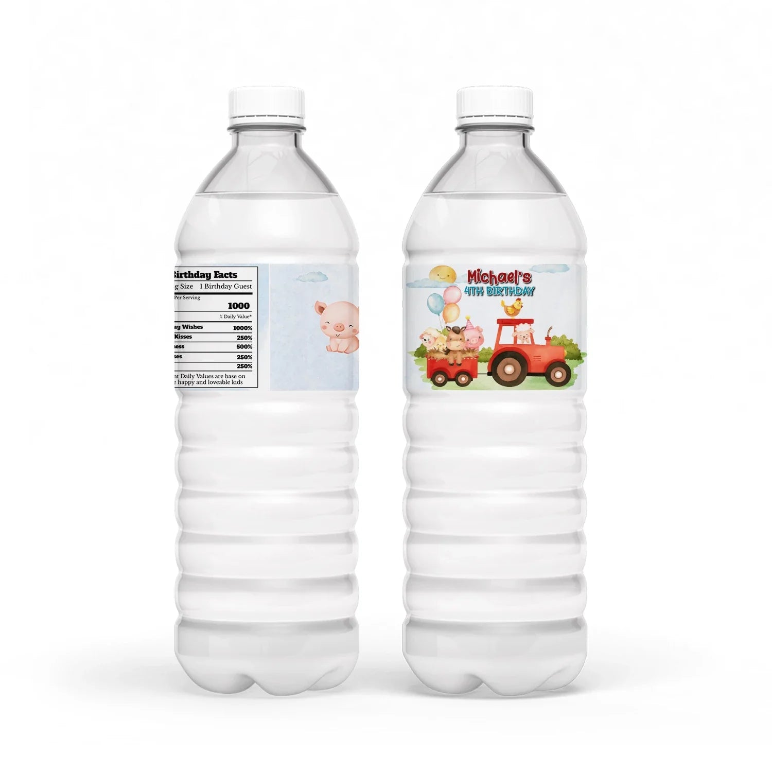 Farm animals theme water bottle label with farm animal illustrations, wrap style design, pastel country colors on white background