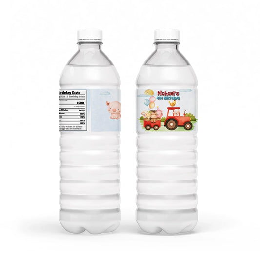Farm animals theme water bottle label with farm animal illustrations, wrap style design, pastel country colors on white background