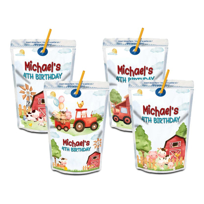 Farm animals theme juice pouch label with barnyard animals, rectangular wrap design, soft rustic tones on white background