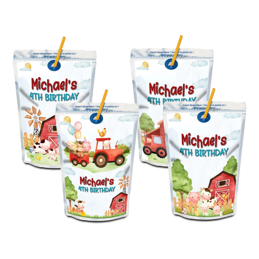 Farm animals theme juice pouch label with barnyard animals, rectangular wrap design, soft rustic tones on white background