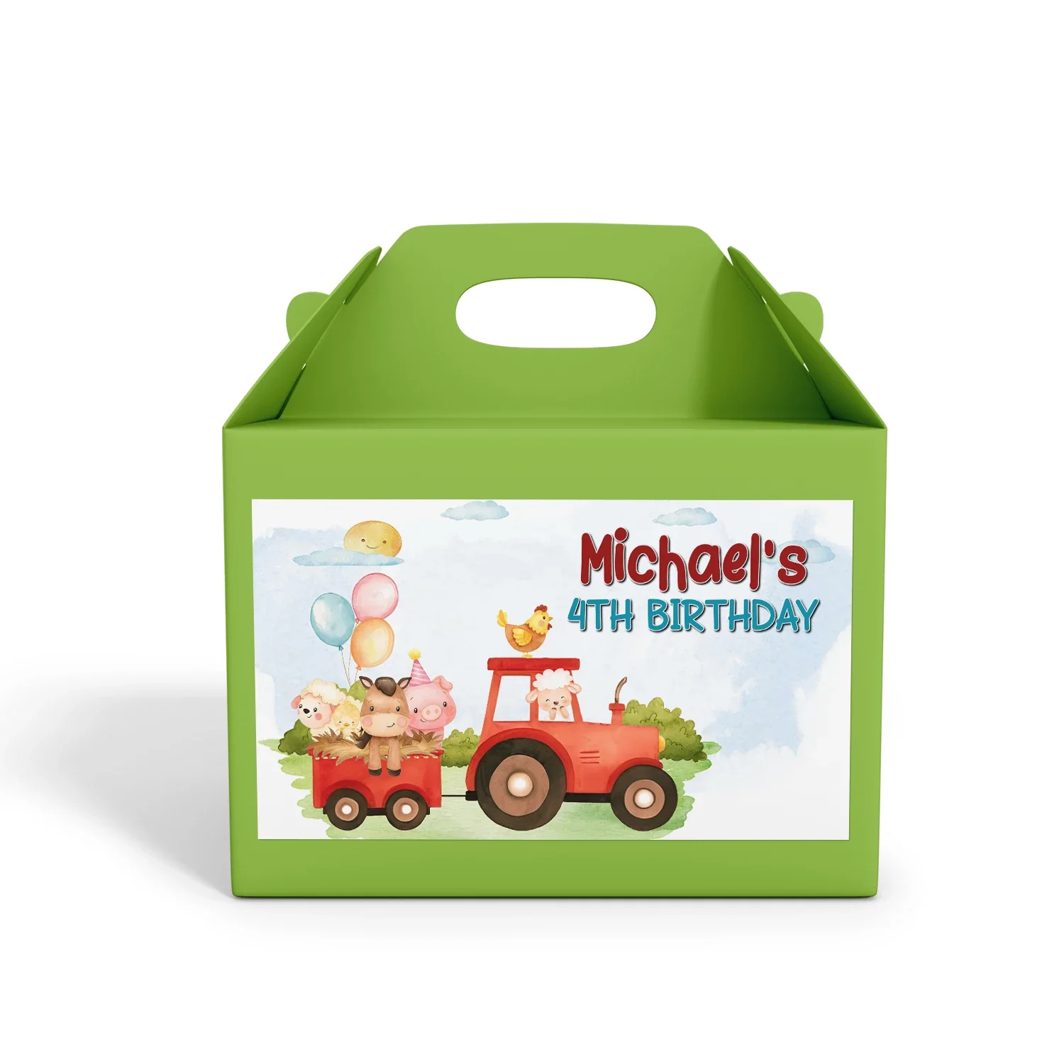 Farm animals theme treat box label with farm animal graphics, clean printable layout, neutral farm colors on white background