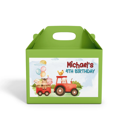 Farm animals theme treat box label with farm animal graphics, clean printable layout, neutral farm colors on white background