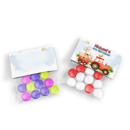 Farm animals theme treat bag topper label with barnyard animals, folded topper design, neutral rustic colors on white background